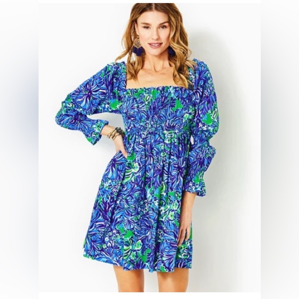 $198 Lilly Pulitzer Beyonca Babydoll Dress Abaco Blue In Turtle Awe Medium NWTS